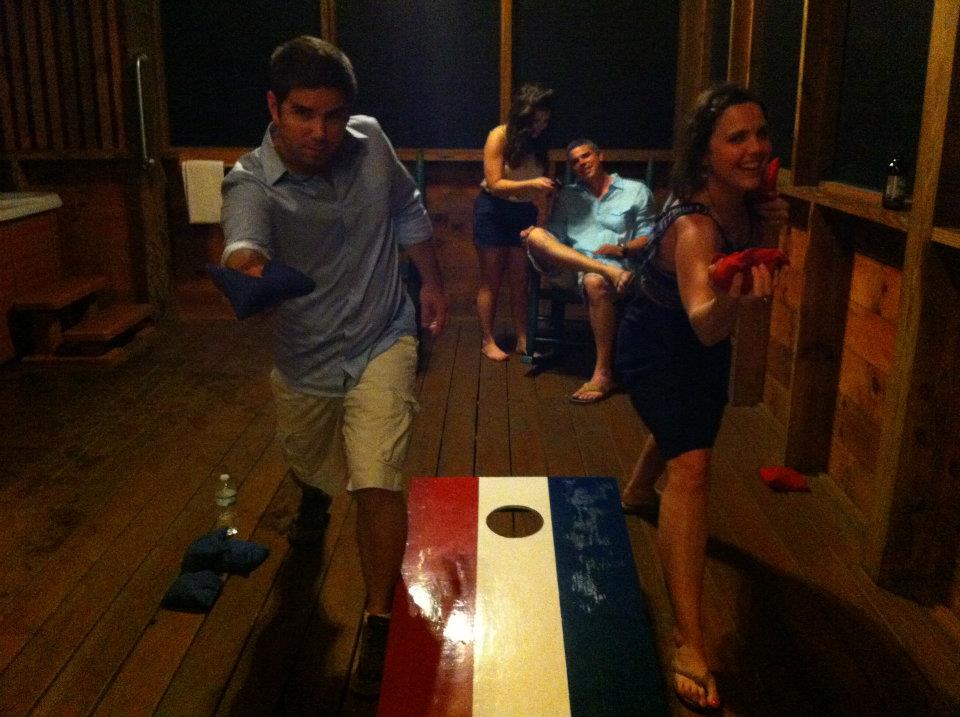 Cornhole competition. It's all in the wrist.