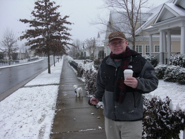 Drinking hot chocolate and taking Jasper for a walk on a snowy afternoon.