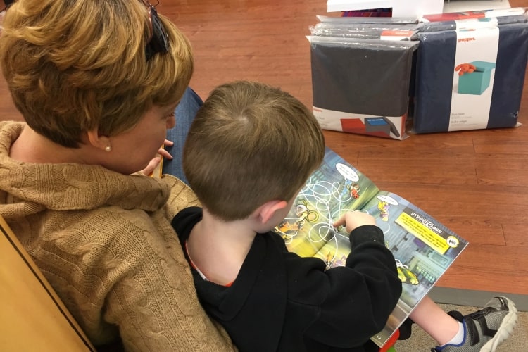 Reading a book with Elijah at Barnes & Noble.